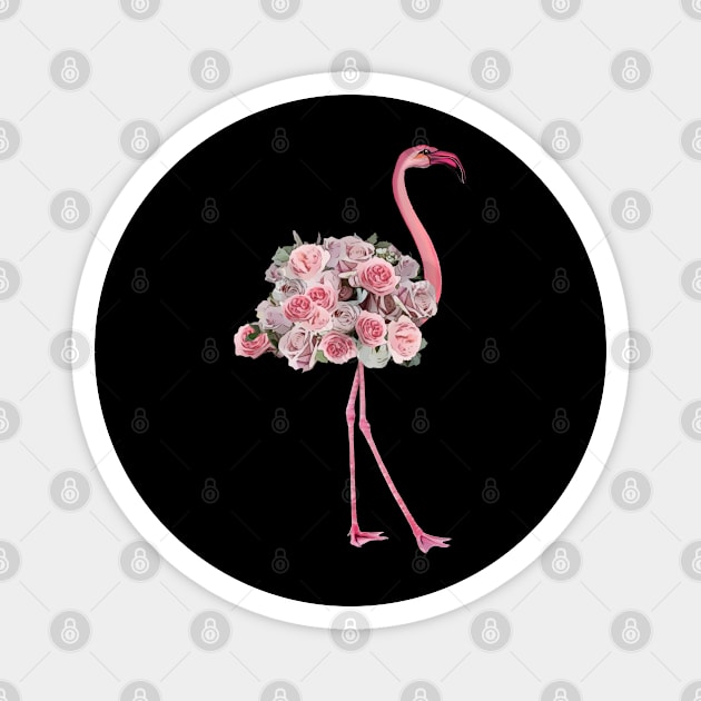 Pink Flamingo and pink flowers roses Magnet by Collagedream